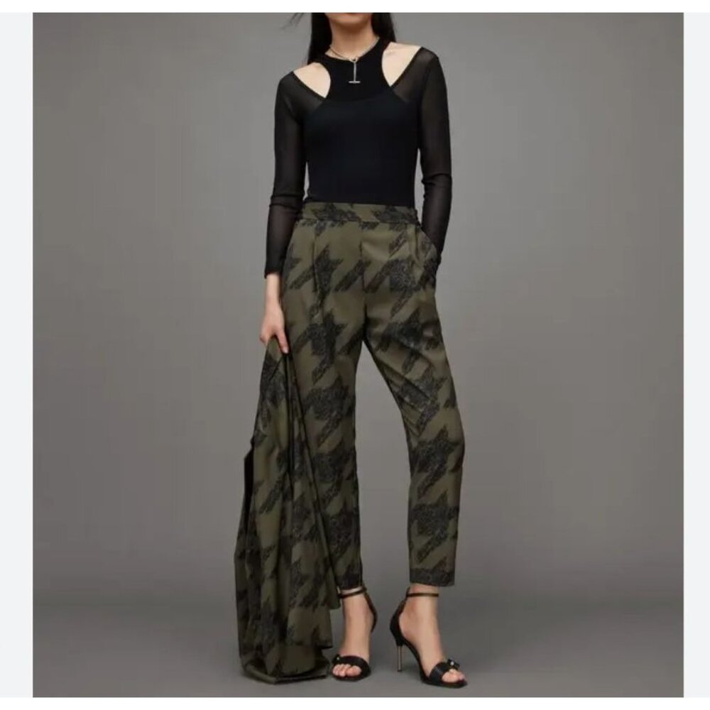 Allsaints Womens Houndstooth Butterfly Trousers UK8 US4 EU36 Green/Black Elastic